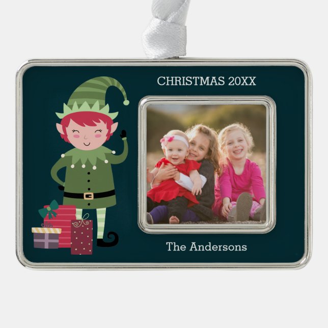 Cute Modern Funny Modern Christmas Elf Gift Photo Silver Plated Framed Ornament (Front)