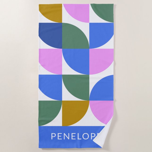 Cute Modern Geometric Shapes Blue Personalised Beach Towel (Front)