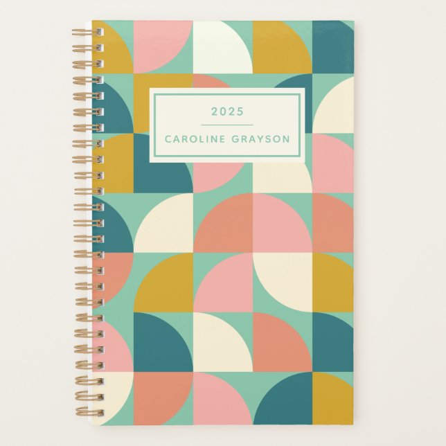 Cute Modern Geometric Shapes Teal Personalised Planner (Front)