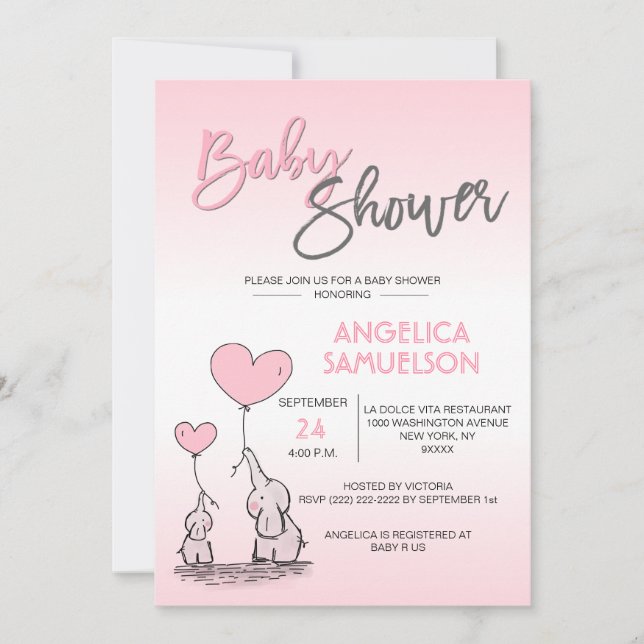 Cute Modern GIRL Pink Mummy Elephant & Baby Shower Invitation (Front)