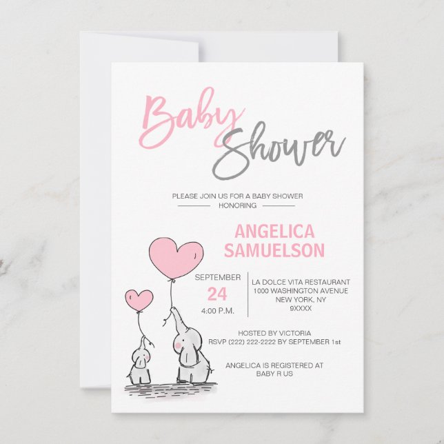 Cute Modern GIRL Pink Mummy Elephant & Baby Shower Invitation (Front)