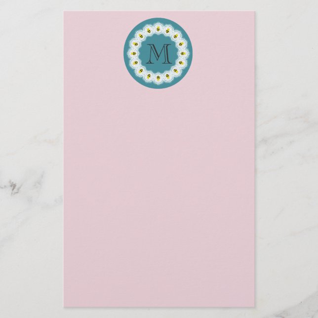 Cute modern girly cartoon bees monogram stationery (Front)