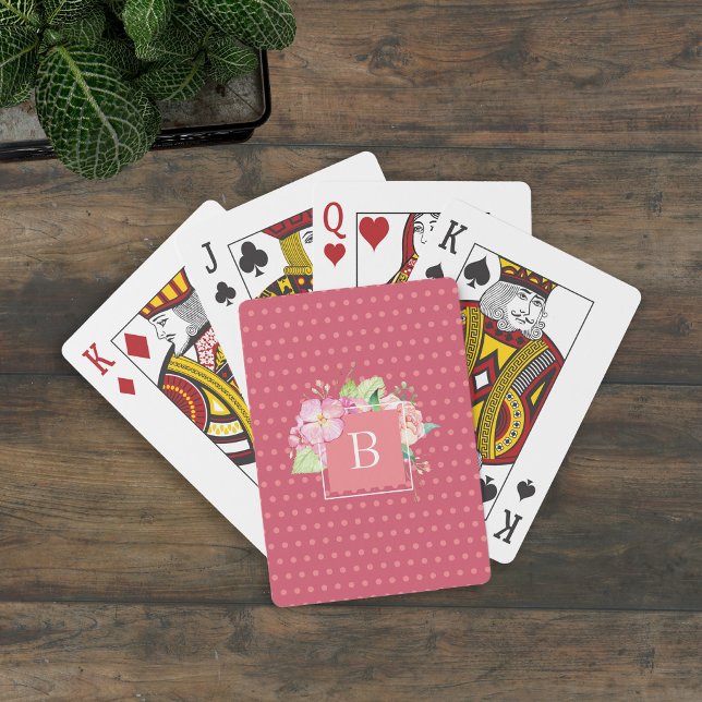 Cute Modern Girly Chic Monogrammed Floral Pink Playing Cards (Creator Uploaded)
