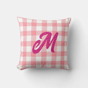 Cute Modern Girly Gingham Plaid Hot Pink Monogram Cushion