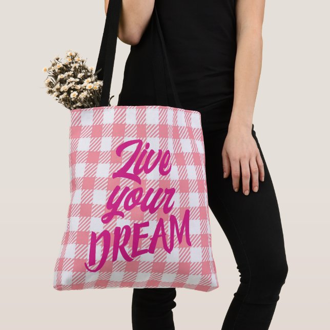 Cute Modern Girly White Pink Gingham Plaid Tote Bag (Close Up)