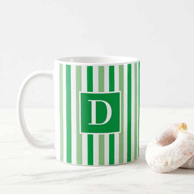 Cute Modern Green and White Striped Single Initial Coffee Mug (With Donut)