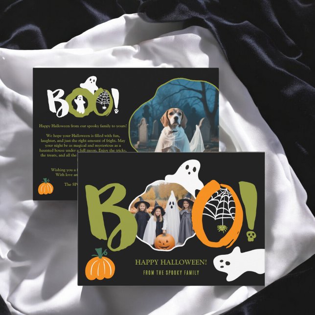 Cute Modern green Boo ghosts 2 photos Halloween Holiday Card (Cute Modern green Boo ghosts 2 photos Halloween Holiday Card)