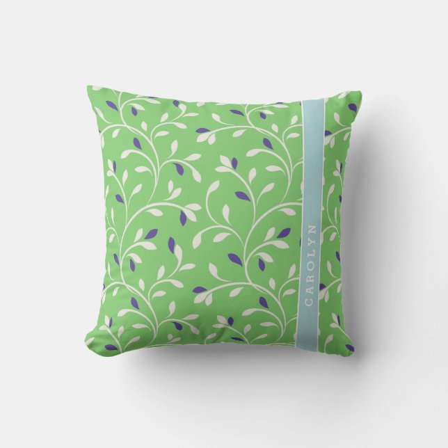 Cute modern green curly leaves pattern monogram cushion (Front)