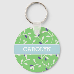 Cute modern green curly leaves pattern monogram key ring