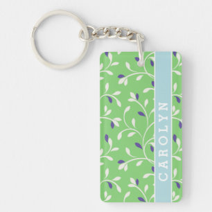 Cute modern green curly leaves pattern monogram key ring