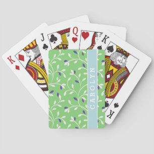 Cute modern green curly leaves pattern monogram playing cards