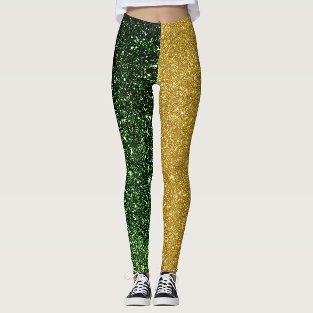 Cute Modern Green Gold Glitter Sparkles Colourful Leggings (Front)
