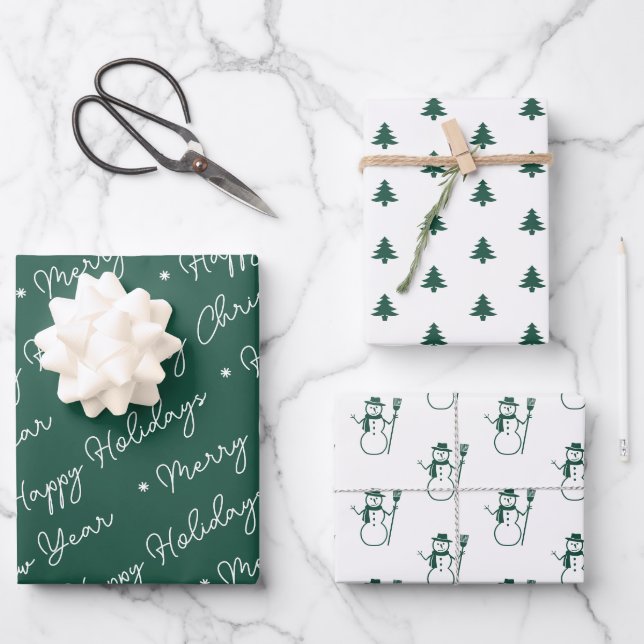 Cute Modern Green Snowman Christmas Trees Script Wrapping Paper Sheet (Front)