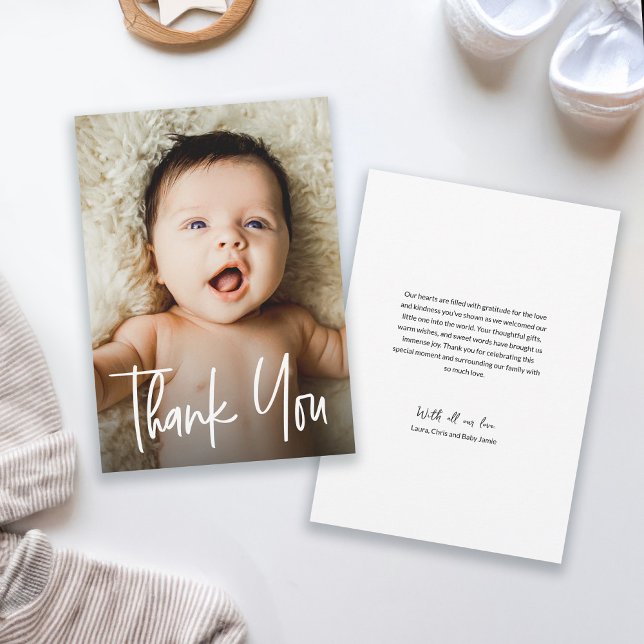 Cute Modern Handlettering Boy Photo Baby Shower  Thank You Card (Custom baby shower photo birth announcement thank you card.)
