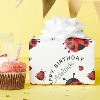 Cute Modern Happy Birthday Red Ladybug Girly Wrapping Paper