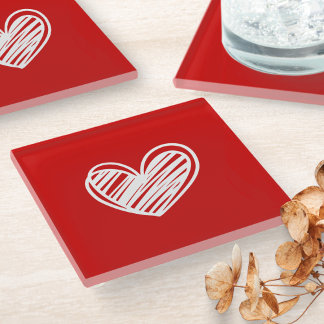 Cute Modern Heart White And Red Minimalist Elegant Glass Coaster