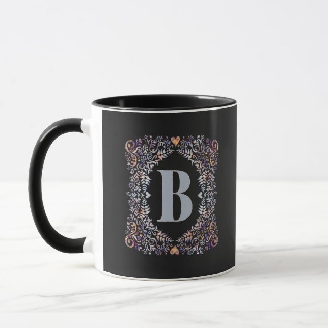 Cute Modern Hearts and Floral Framed Letter B Mug (Left)