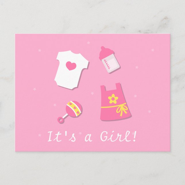 Cute Modern Its a Girl Baby Girl Pink Announcement Postcard (Front)