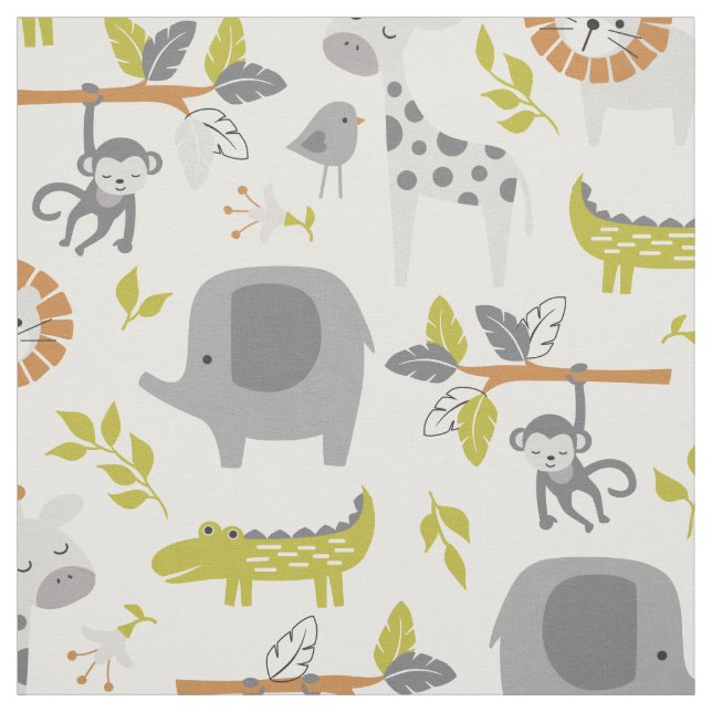 Cute Modern Jungle in Grey Green and Orange Fabric (Swatch)