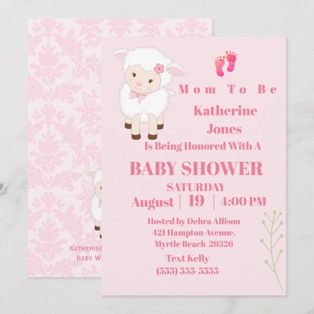 Cute Modern Lamb Baby Girl Invitation (Front/Back)