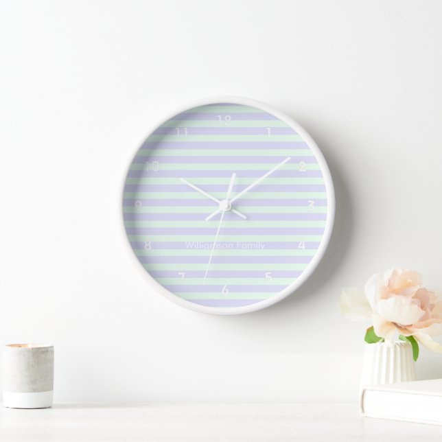 Cute Modern Lavender & Mint Green Striped Clock (Home)