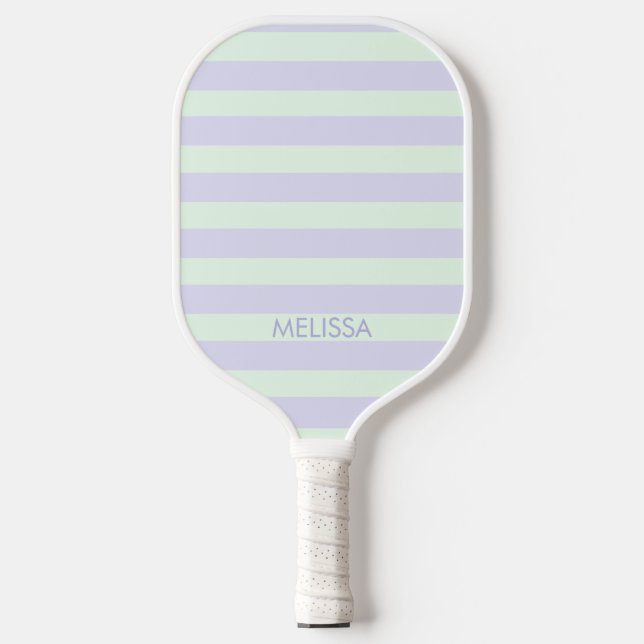 Cute Modern Lavender & Mint Green Striped  Pickleball Paddle (Front)