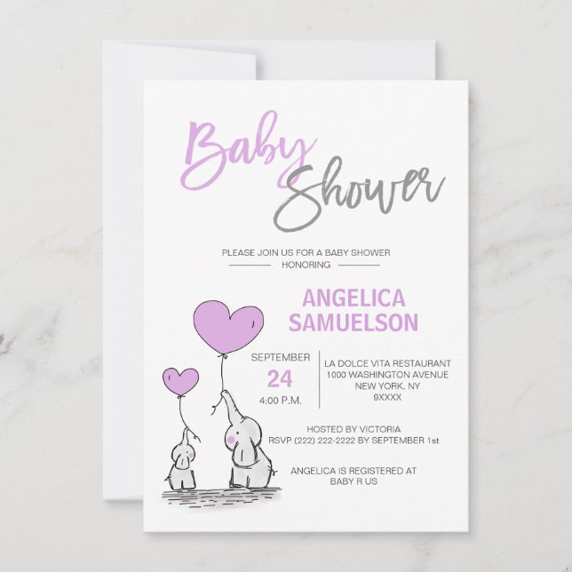 Cute Modern LAVENDER Mummy Elephant & Baby Shower Invitation (Front)