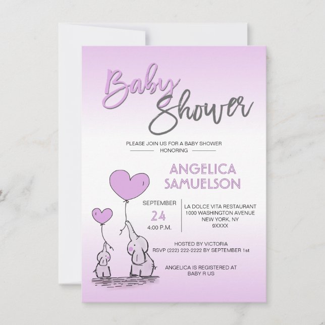 Cute Modern LAVENDER Mummy Elephant & Baby Shower Invitation (Front)
