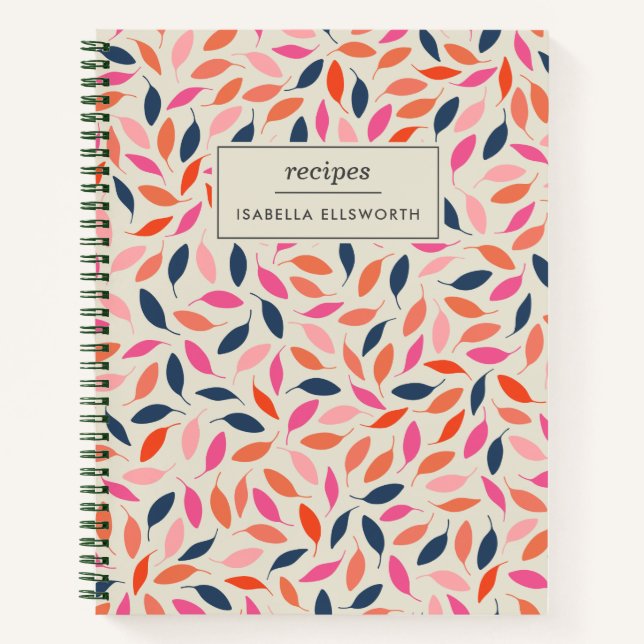 Cute Modern Leaves Pink Blue Personalised Recipe Notebook (Front)