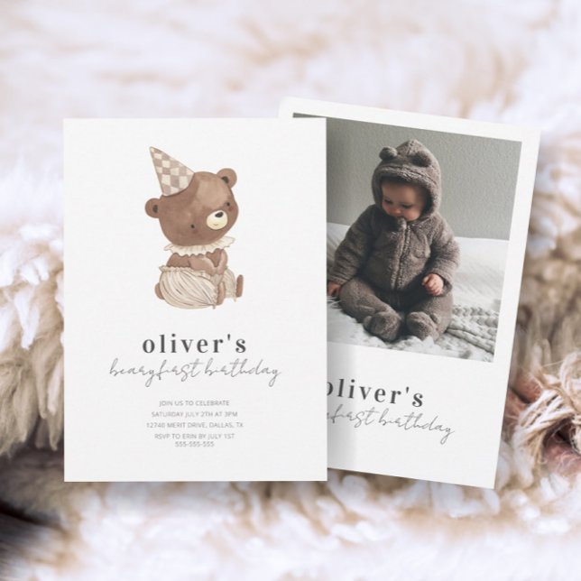 Cute Modern Little Bear Photo 1st Birthday Invitation (Creator Uploaded)