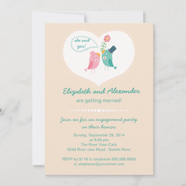 Cute Modern Love Birds Heart Engagement Party Invitation (Front)
