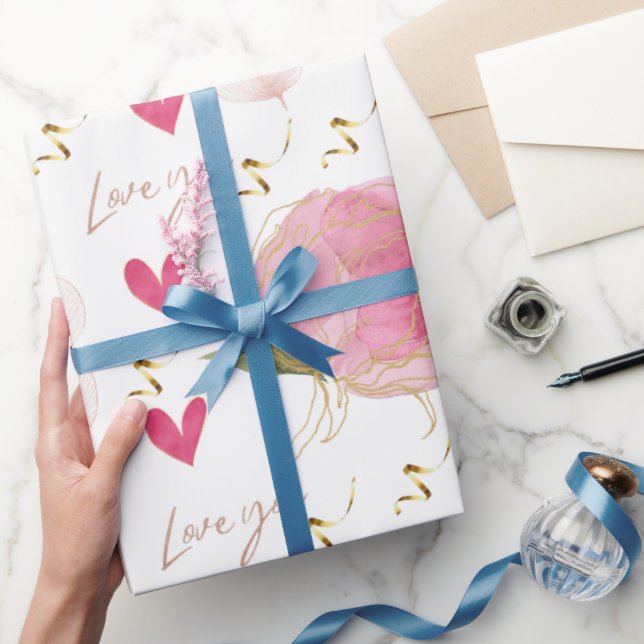 Cute Modern Love You Floral Hearts White Wrapping Paper (Gifting)