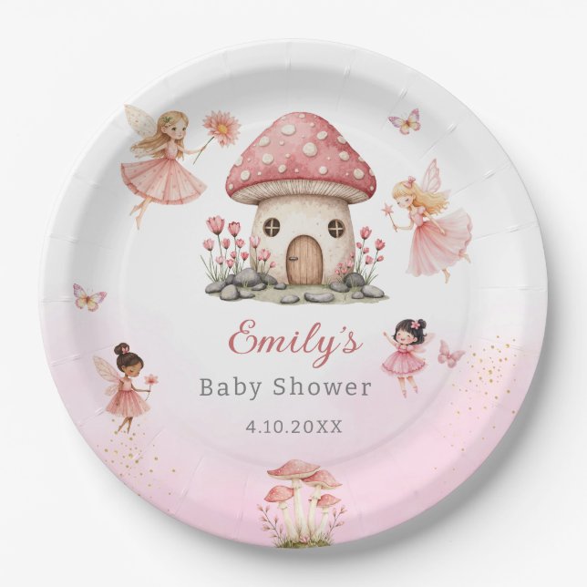 Cute Modern Magical Fairy Pink Floral Garden  Paper Plate (Front)