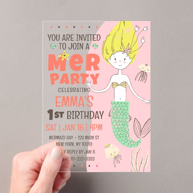 Cute Modern Mermaid Kid's Birthday Party Acrylic Invitations (Insitu (Handheld))