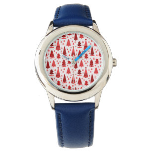 Cute Modern Minimalist Christmas Tree Forest Red Watch