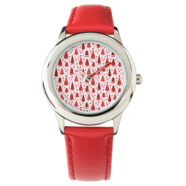 Cute Modern Minimalist Christmas Tree Forest Red Watch (Front)