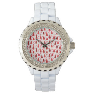 Cute Modern Minimalist Christmas Tree Forest Red Watch