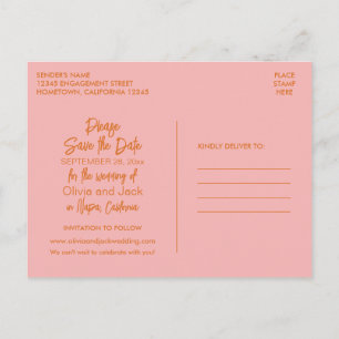 Cute Modern Minimalist Orange Pink Save the Date Postcard
