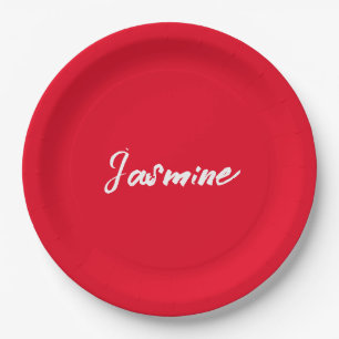 Cute Modern Minimalist Red White Calligraphy Name Paper Plate