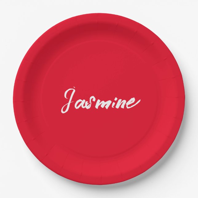 Cute Modern Minimalist Red White Calligraphy Name Paper Plate (Front)