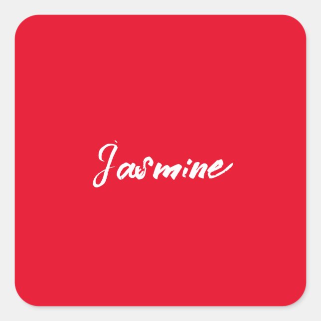Cute Modern Minimalist Red White Calligraphy Name Square Sticker (Front)