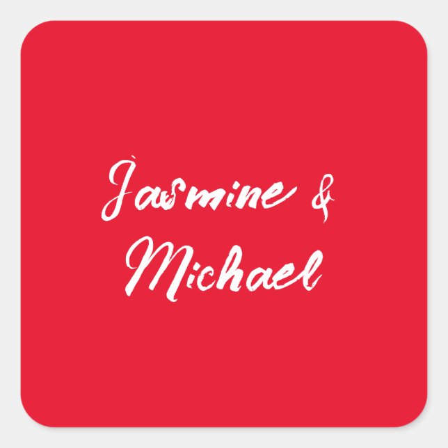 Cute Modern Minimalist Red White Calligraphy Name Square Sticker (Front)