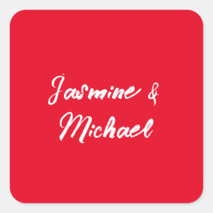 Cute Modern Minimalist Red White Calligraphy Name Square Sticker
