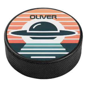 Cute Modern Minimalist UFO Design at Sunset Hockey Puck