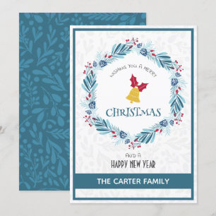 Cute Modern Mistletoe Blue Christmas Wreath Holiday Card