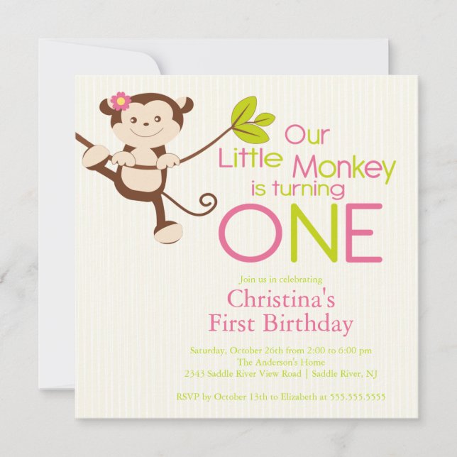 Cute Modern Monkey 1st Birthday Party Invitations (Front)