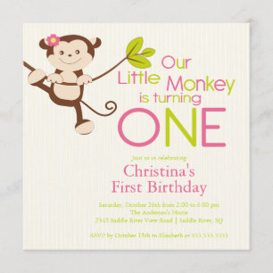 Cute Modern Monkey 1st Birthday Party Invitations