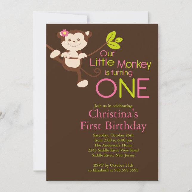 Cute Modern Monkey 1st Birthday Party Invitations (Front)