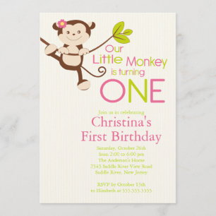 Cute Modern Monkey 1st Birthday Party Invitations