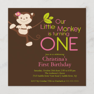 Cute Modern Monkey 1st Birthday Party Invitations